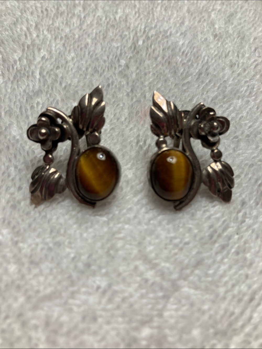 Sterling Silver Floral Tiger's Eye Screw-Back Earrings - Brown